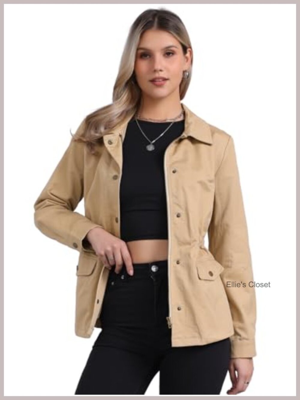 Women's Cotton Utility Jacket Zip Up Drawstring Waist Anorak Long Sleeve